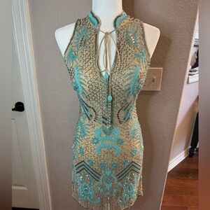 Sherri Hill Size 4 tan & turquoise/aqua beaded cocktail dress